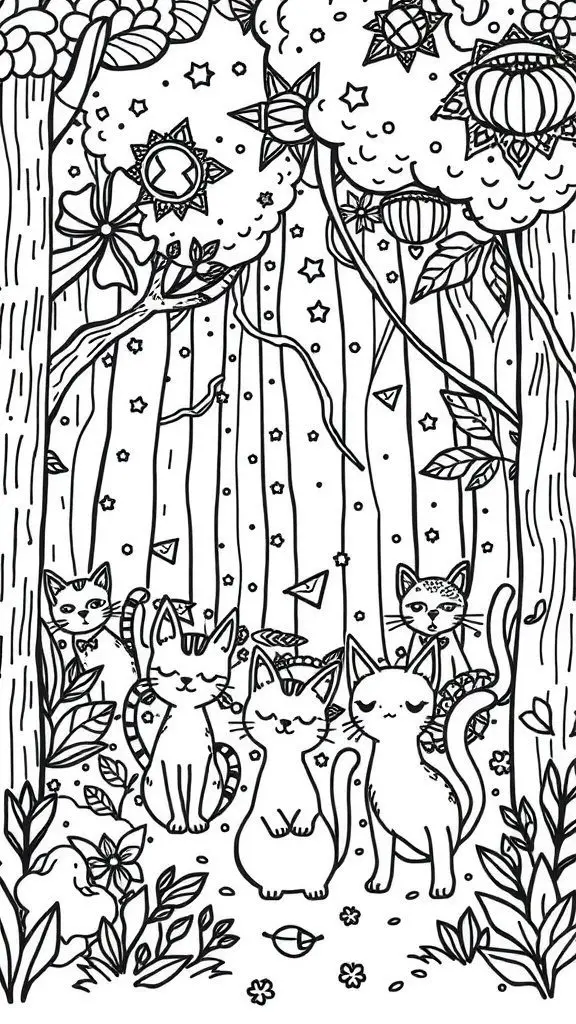 A black and white illustration of three cats in a magical forest with trees and flowers.