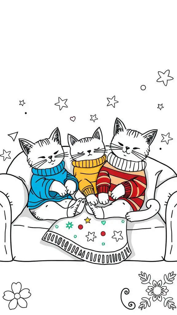 Three cats sitting together on a couch wearing colorful sweaters