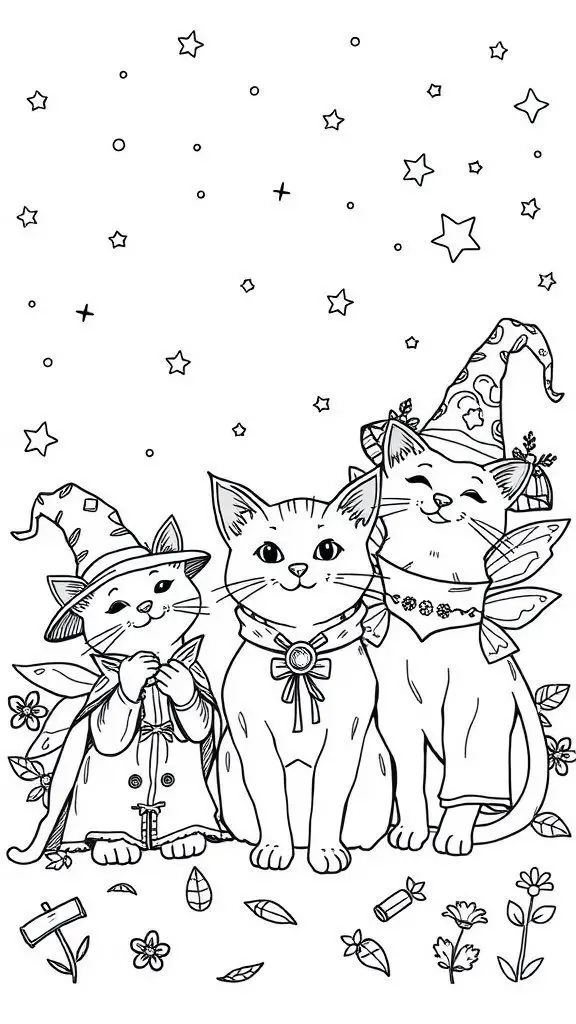 Three cats in fantasy costumes, including a wizard and a fairy, surrounded by stars and flowers