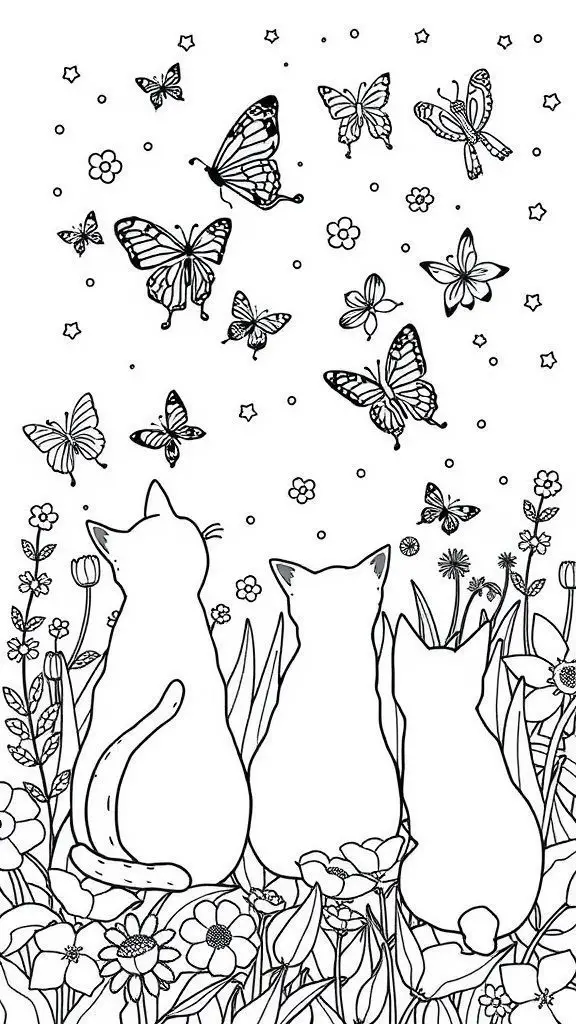 Coloring page featuring three cats watching butterflies in a garden