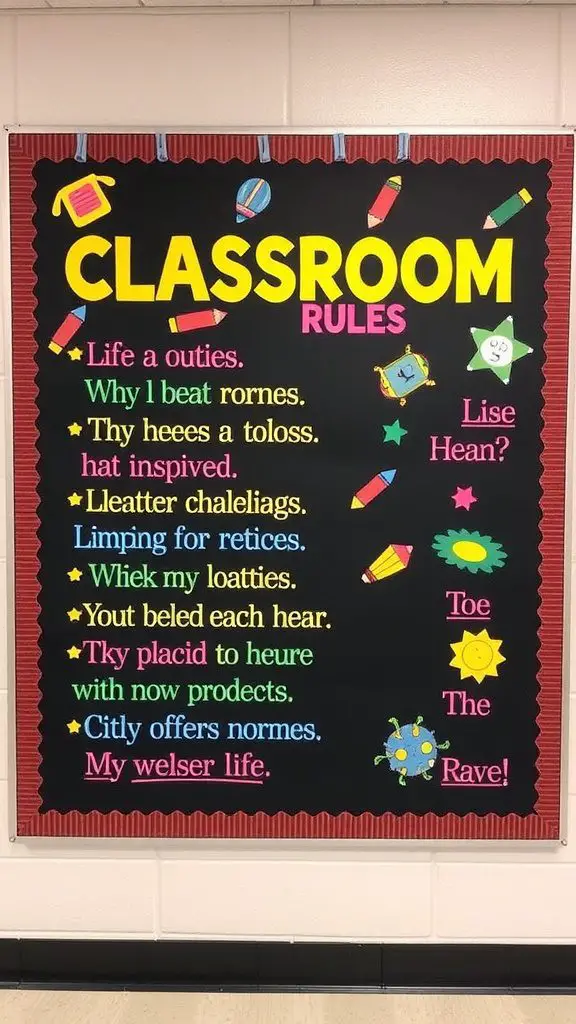 A bulletin board displaying classroom rules in a colorful and engaging design.