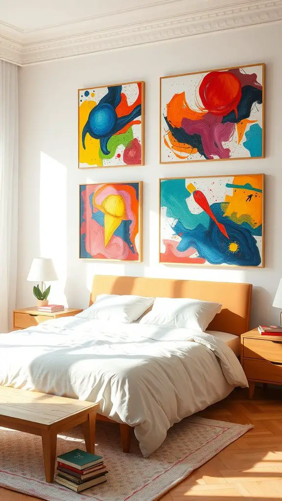 A bright bedroom featuring colorful abstract paintings above the bed.