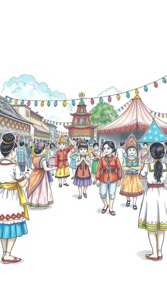 An illustration of a lively cultural festival with colorful decorations and people in traditional clothing.