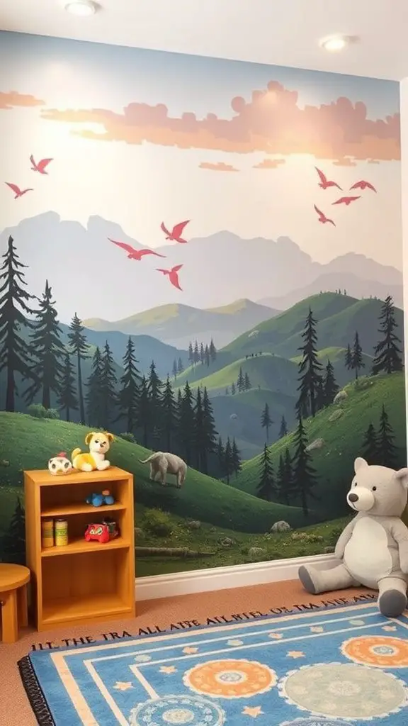 A colorful mural of mountains and trees with flying birds on a wall in a children's room, featuring a cozy seating area.