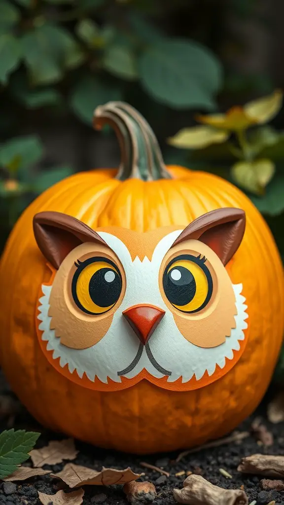 Pumpkin carved with a cute owl face, surrounded by greenery.