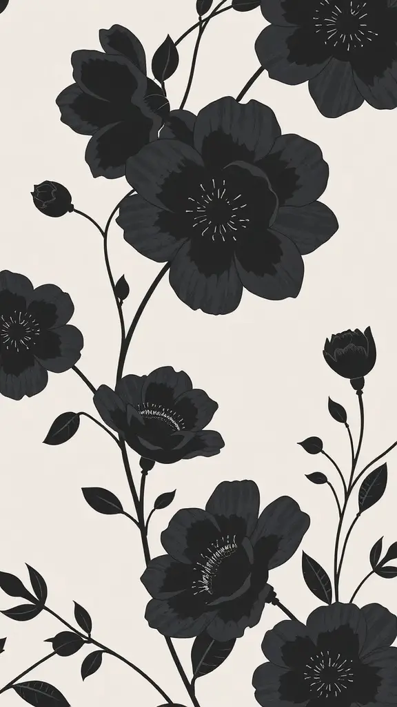 Dark floral wallpaper with black flowers on a light background.
