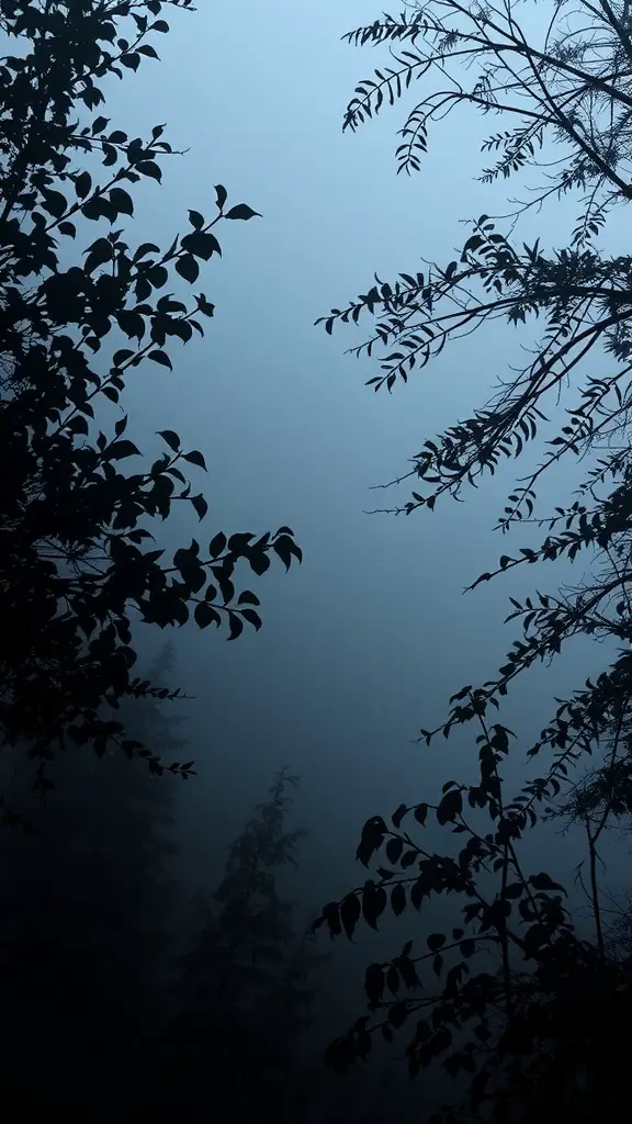 Silhouetted trees in a foggy dark scene