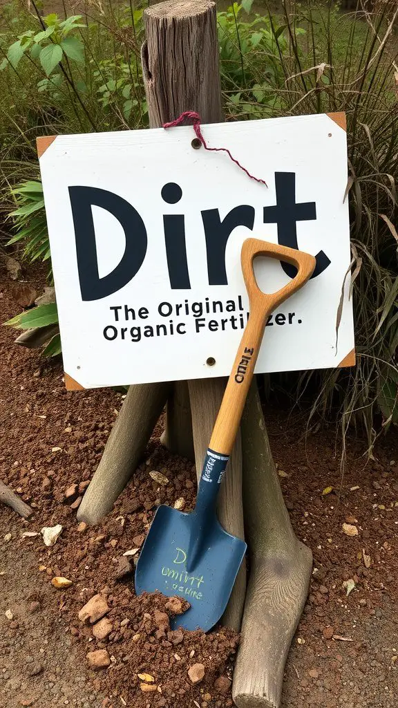 A humorous garden sign that reads 'Dirt: The Original Organic Fertilizer' with a shovel leaning against it.