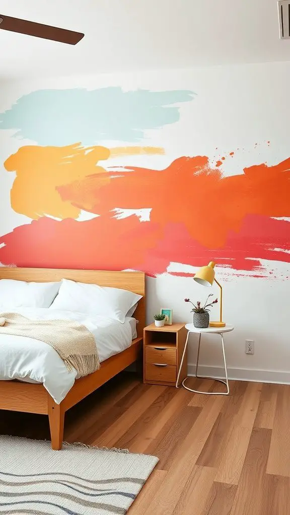 A bedroom featuring a colorful DIY painted accent wall with vibrant brush strokes.