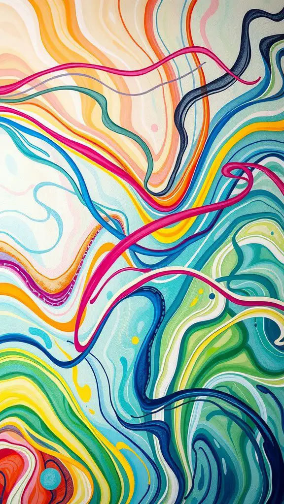 Colorful abstract wall art with dynamic swirls and lines