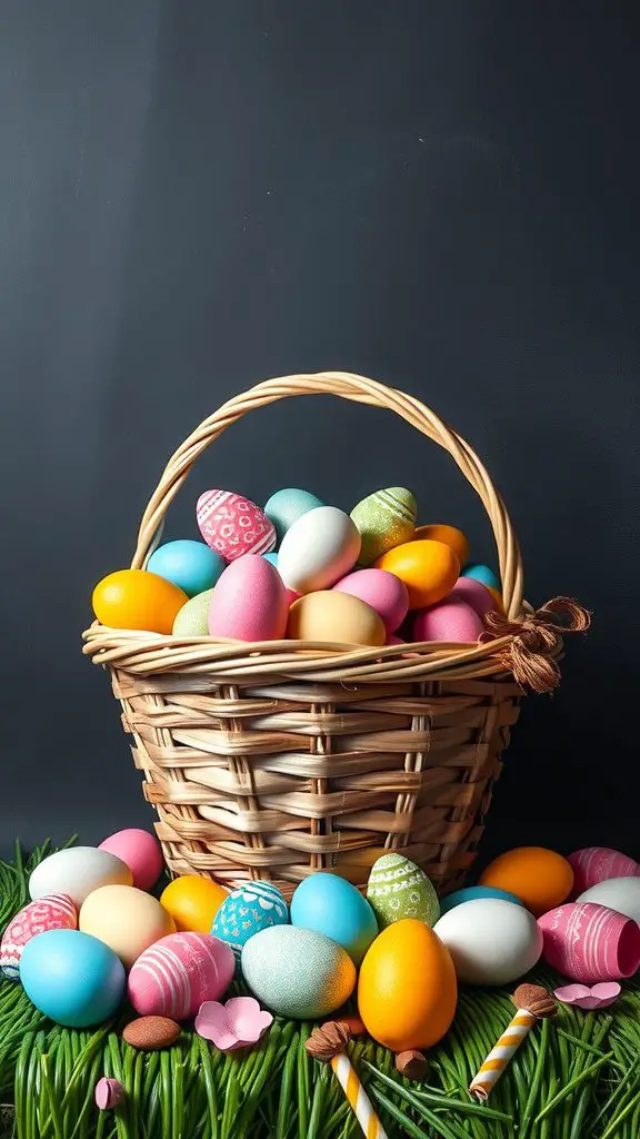 A colorful Easter basket filled with decorated eggs on a grassy surface
