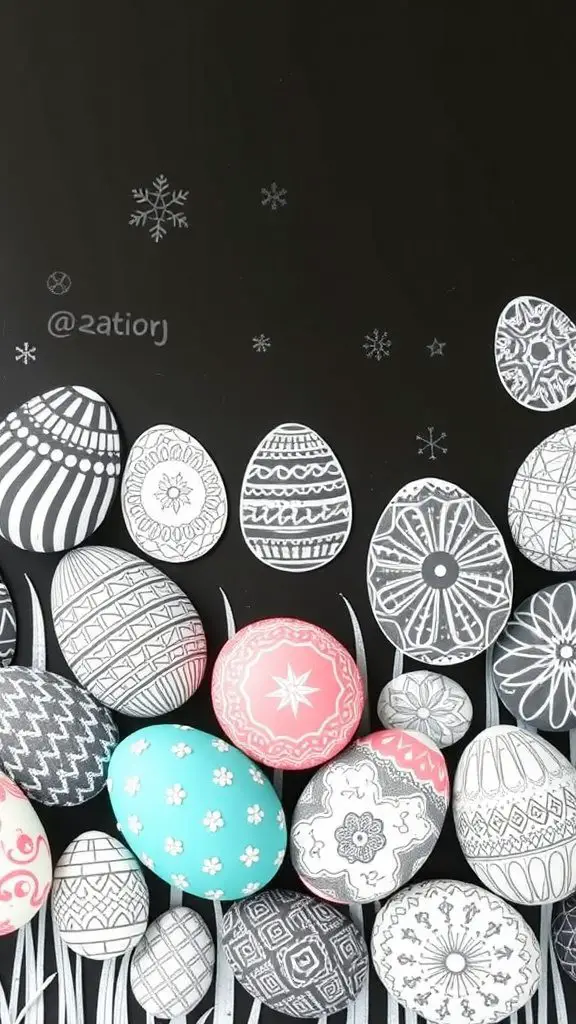 Colorful and patterned Easter eggs on a chalkboard background