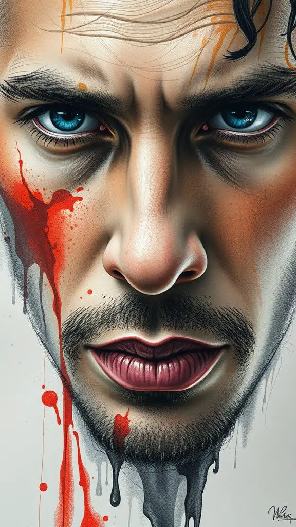 A close-up portrait showing intense emotions with vivid colors and dramatic elements.
