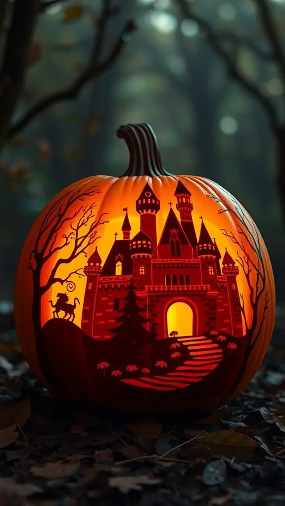 A carved pumpkin featuring a fairy tale castle scene with a unicorn and trees.