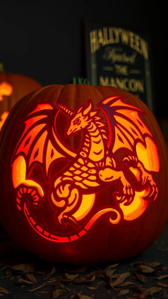 A carved pumpkin featuring a dragon design, illuminated from within.