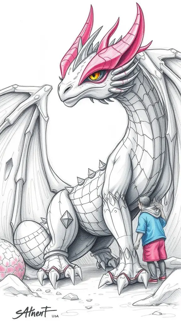 A detailed illustration of a fantasy dragon with a child standing beside it.
