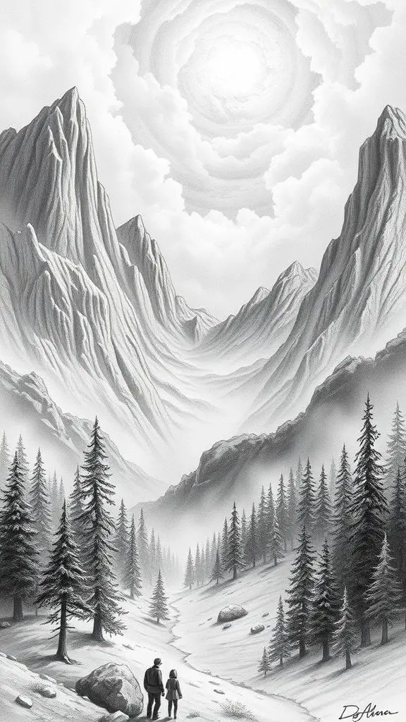 A black and white drawing of a fantasy landscape featuring mountains, trees, and two figures walking on a path.
