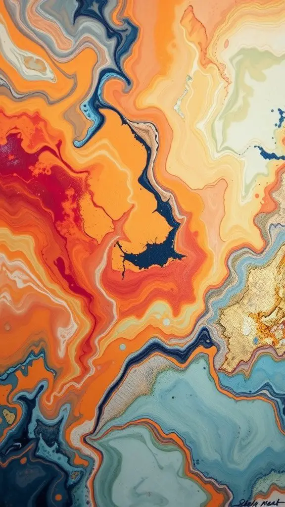 An abstract design with fluid art techniques showcasing waves of orange, blue, and white.