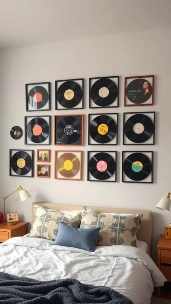 A wall display of framed vinyl records in a cozy bedroom