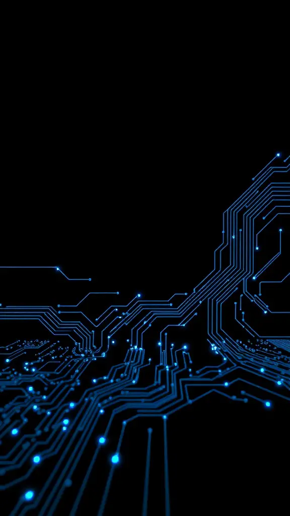 A futuristic circuit design featuring blue lines on a black background.