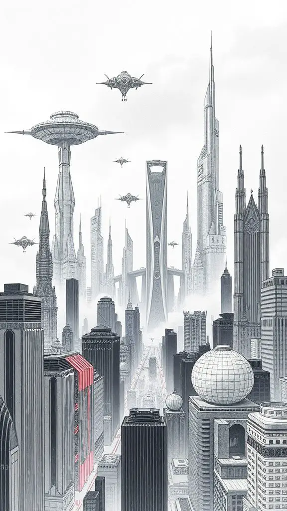 A detailed illustration of a futuristic cityscape featuring tall skyscrapers and flying vehicles.