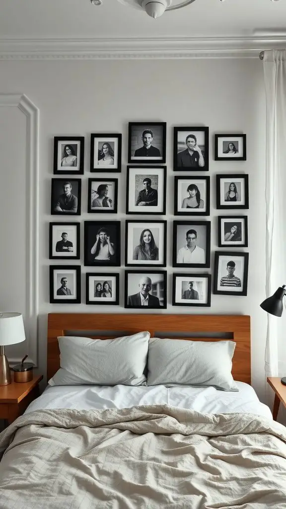 Gallery wall featuring various framed personal photos above a bed in a bedroom setting.