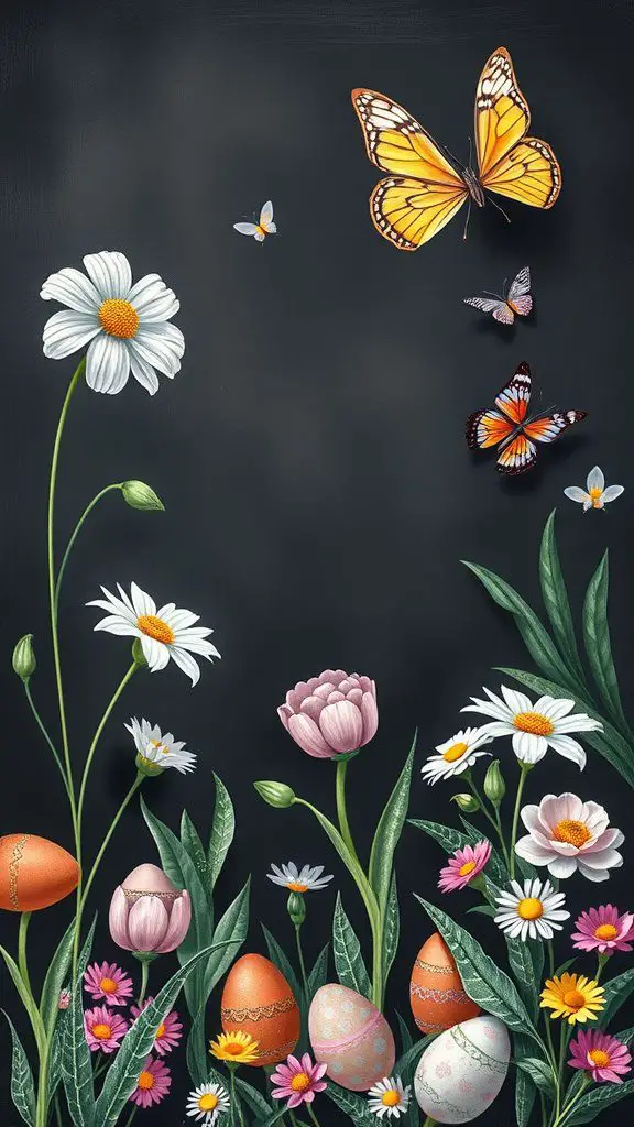 Colorful garden-themed chalkboard art featuring flowers, butterflies, and Easter eggs.