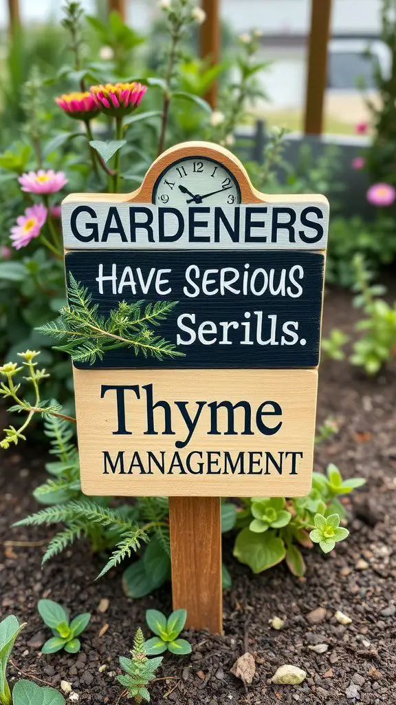 A humorous sign in a garden stating 'Gardeners Have Serious Thyme Management Skills' with a clock and greenery decoration.