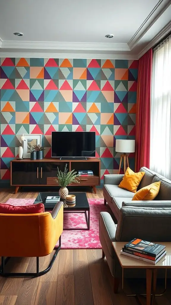 Living room with geometric pattern wallpaper featuring colorful triangles.