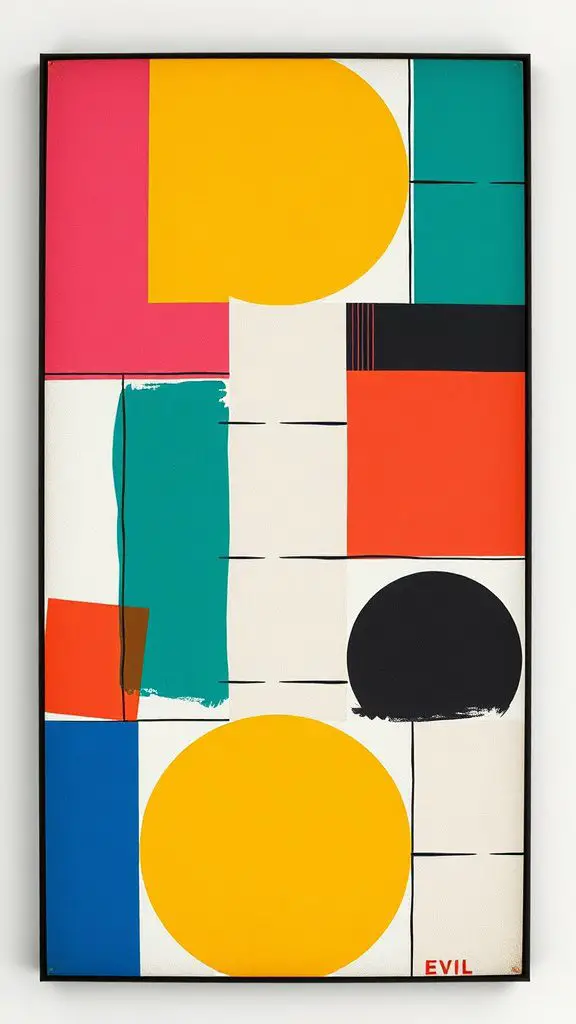 An abstract wall art featuring geometric shapes and bright colors like yellow, pink, and teal.