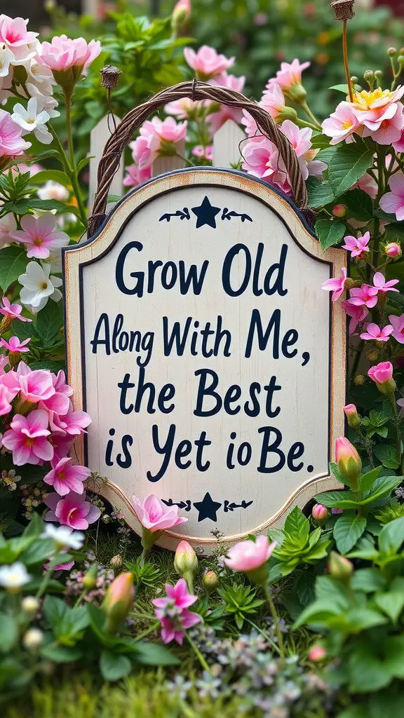 A decorative garden sign that says 'Grow Old Along With Me, the Best is Yet to Be' surrounded by pink flowers.