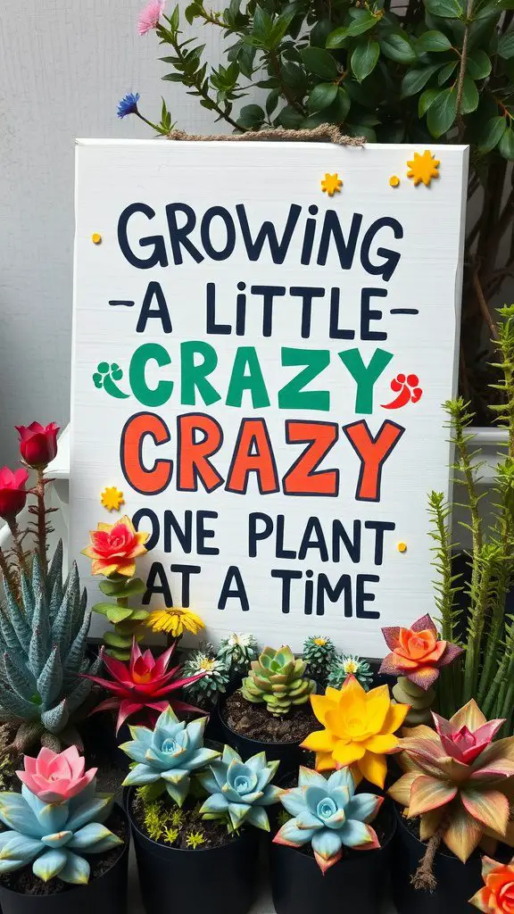 A colorful garden sign that reads 'Growing a Little Crazy One Plant at a Time' surrounded by vibrant plants.