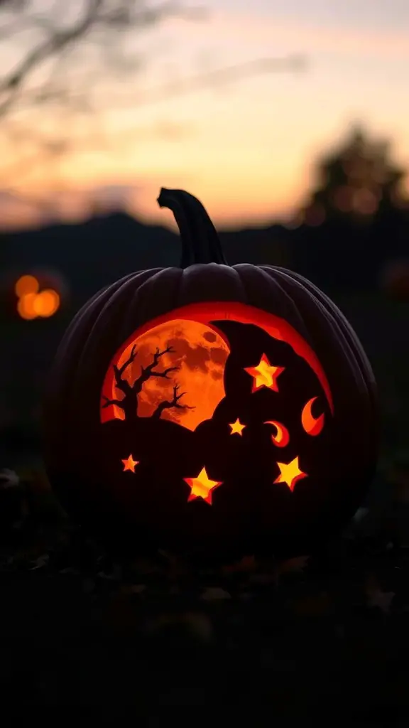 Pumpkin carved with a harvest moon scene, featuring a tree, stars, and a crescent moon.