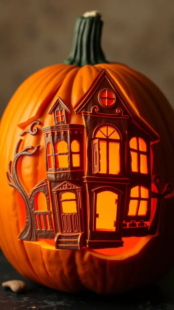A carved pumpkin featuring a haunted house motif with glowing windows.