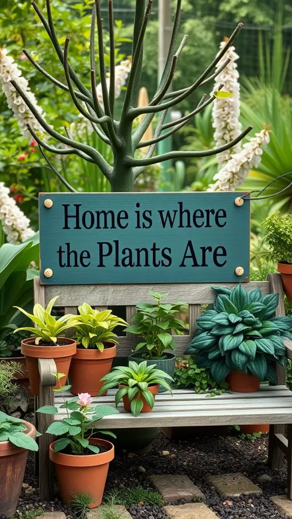 A garden sign that reads 'Home is where the Plants Are' surrounded by various potted plants.