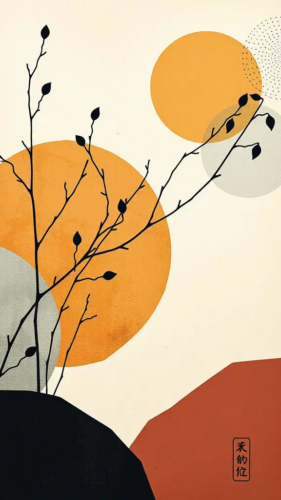 An abstract art piece featuring branches and colorful circular shapes.