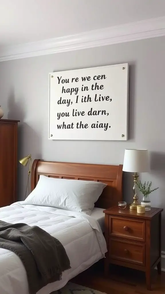 A bedroom featuring a canvas with an inspirational quote above the bed.