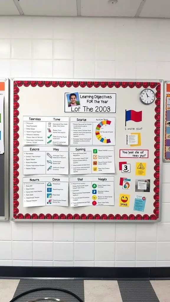 Bulletin board displaying learning objectives for the year with various subjects and a colorful layout.
