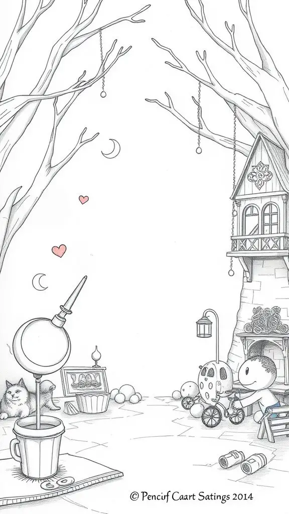 A whimsical scene featuring a boy with a toy and a cat, set in a magical environment.
