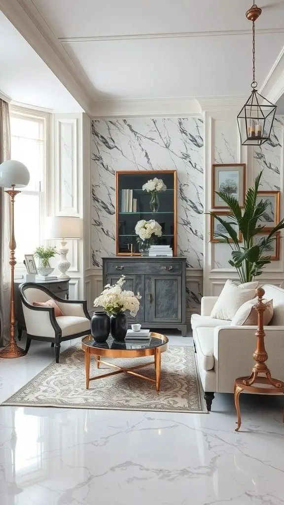 Living room featuring marble effect wallpaper with stylish decor.
