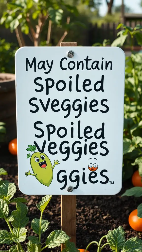 A humorous sign in a garden stating 'May Contain Spoiled Veggies' with cartoon vegetables.