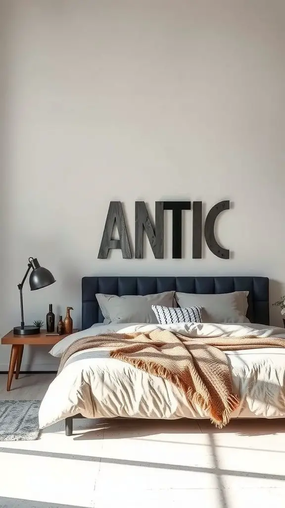 A stylish bedroom featuring metal wall art and cozy decor