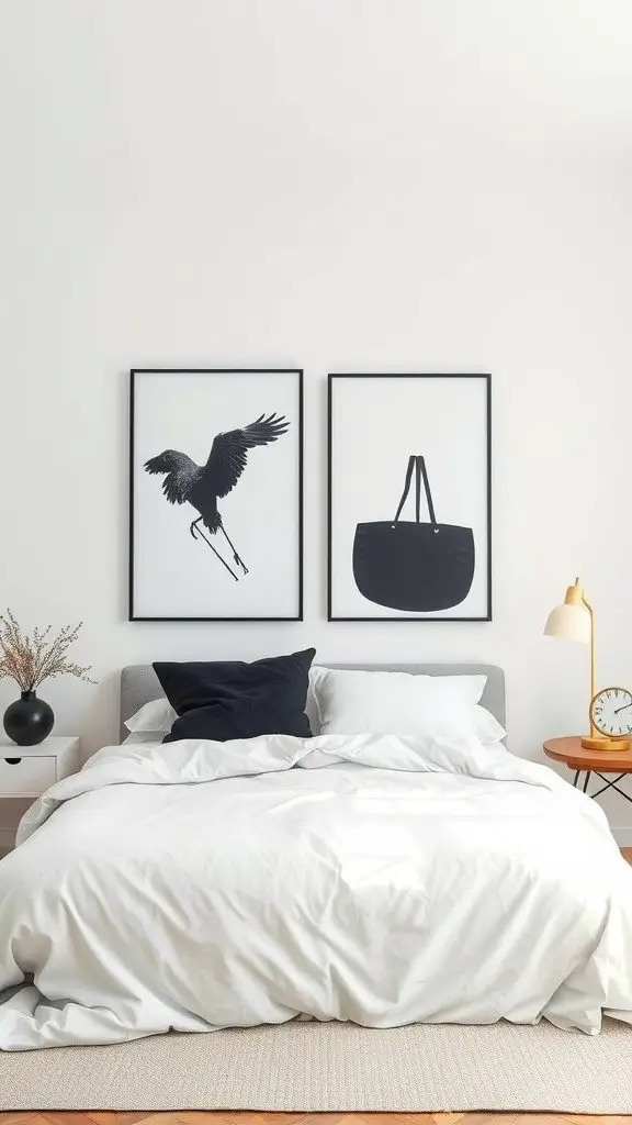 A minimalist bedroom featuring black and white wall art, showcasing a bird and a bag design.