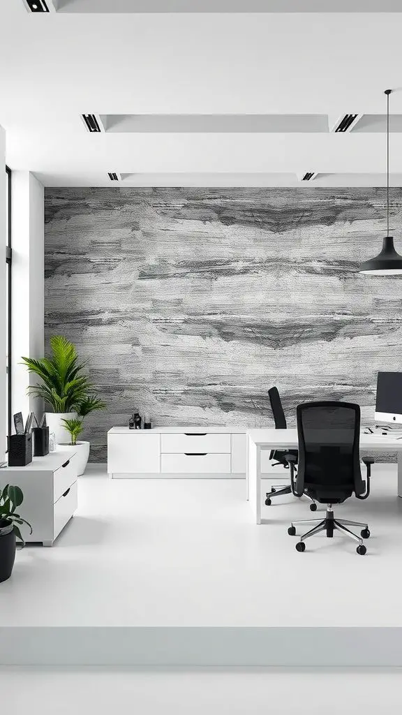 An office with a minimalist monochrome textured wallpaper in shades of gray, accompanied by sleek white furniture and a touch of greenery.