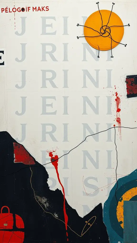 An abstract wall art piece featuring bold colors and mixed media elements
