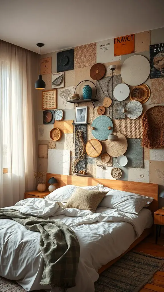 A cozy bedroom featuring a mixed media art installation on the wall, showcasing various textures and materials.