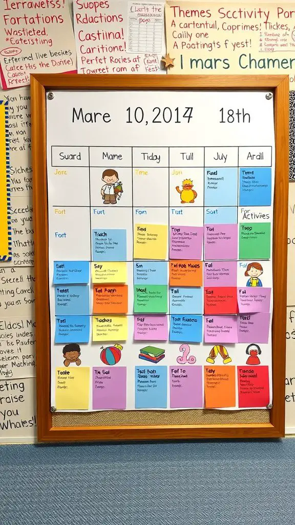 A colorful monthly themes and activities calendar displayed on a bulletin board.
