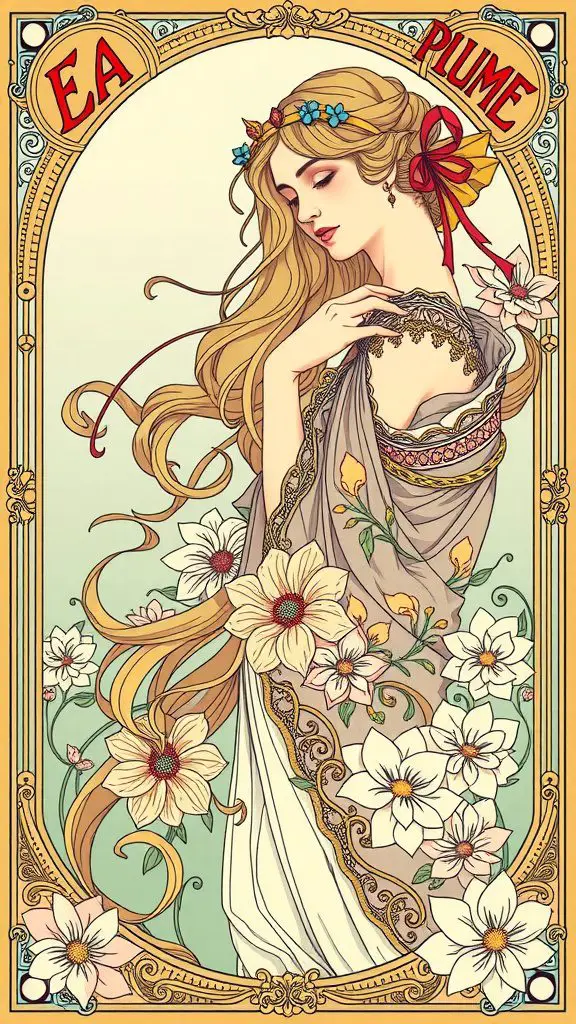 Art Nouveau poster by Mucha featuring a woman with flowers and flowing hair.