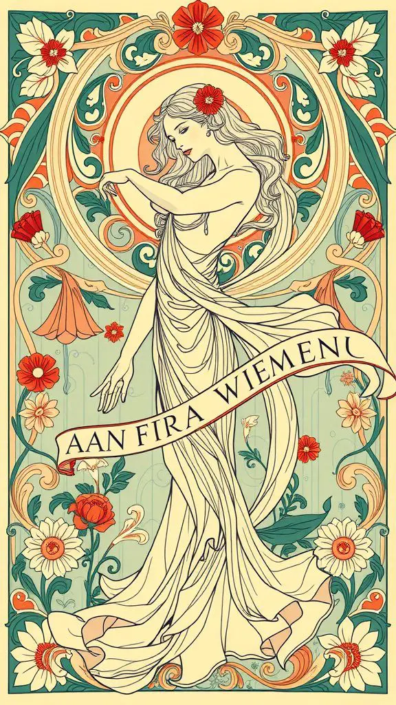 Art Nouveau poster featuring a woman surrounded by flowers and decorative elements.