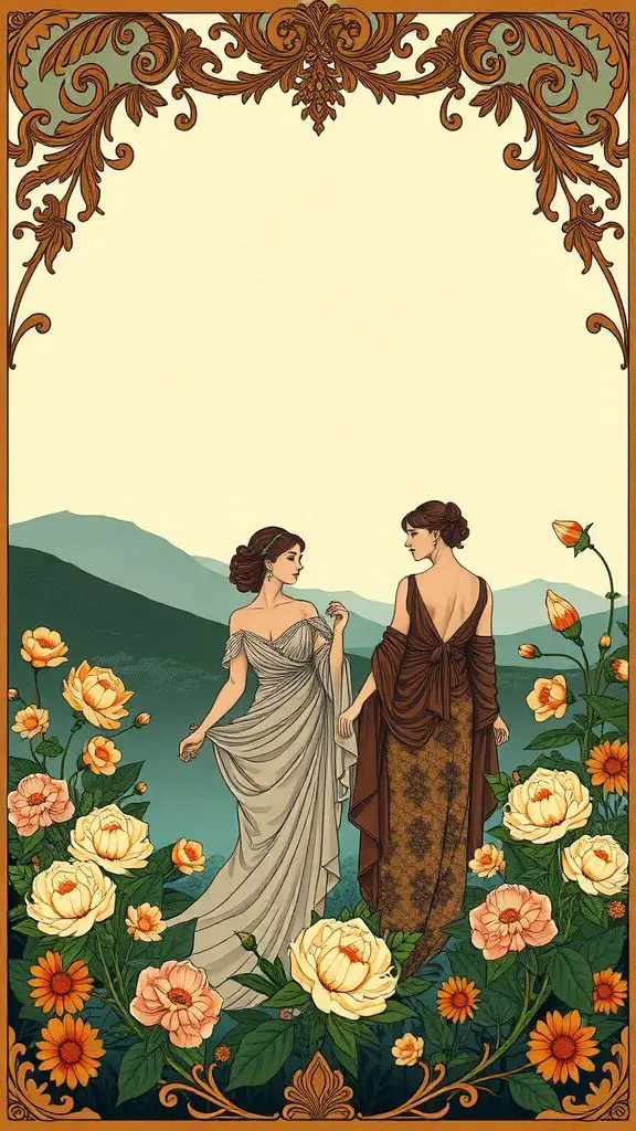 Art Nouveau poster featuring two women in flowing dresses surrounded by flowers.